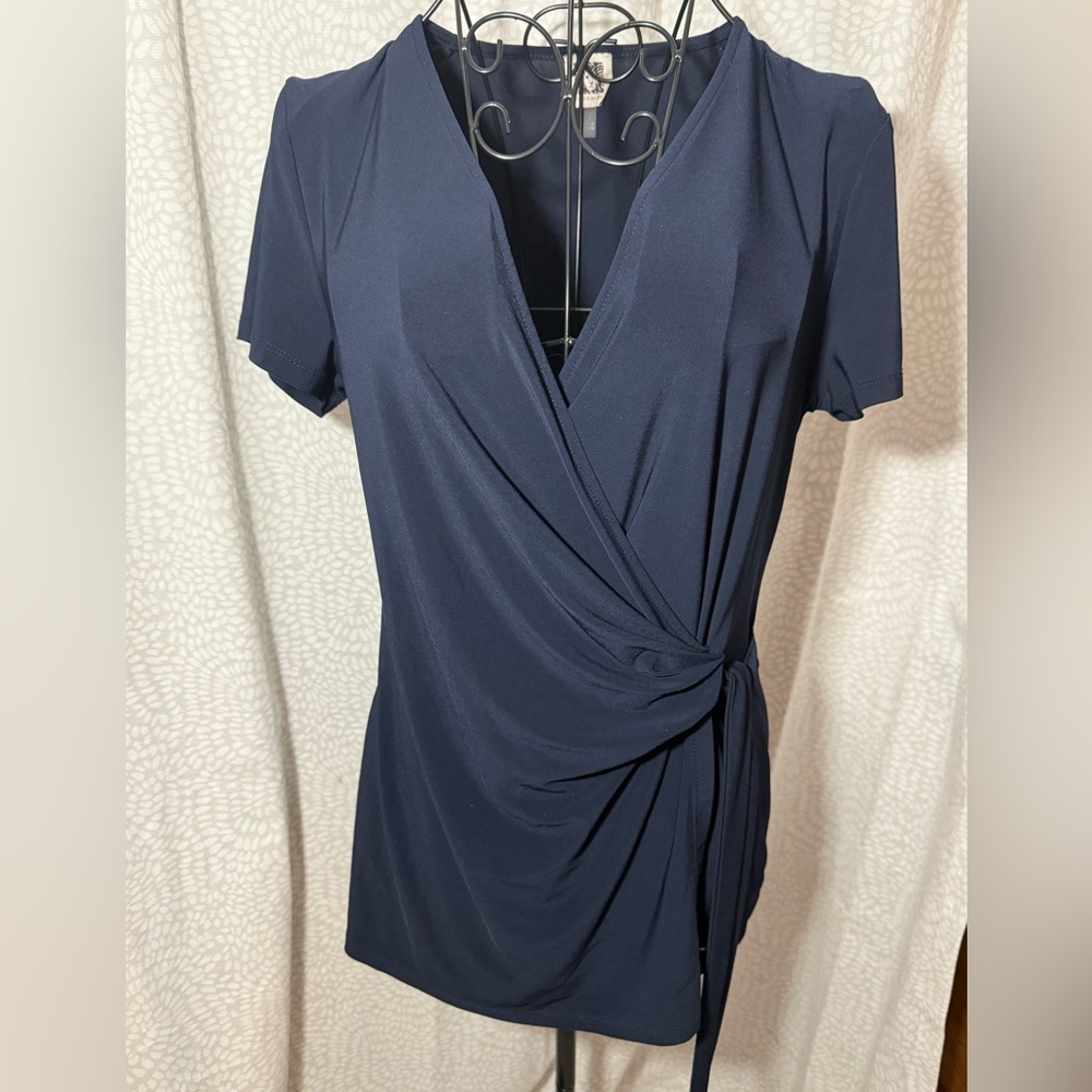 Anne Klein Deep Blue Wrap Blouse, M